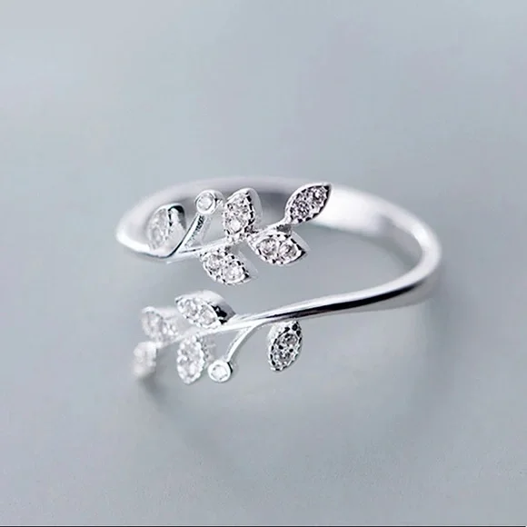 "Olivia" Minimalist Diamond Vine Leaf Plant Adjustable Silver Everyday Cute Ring - Picture 3 of 3
